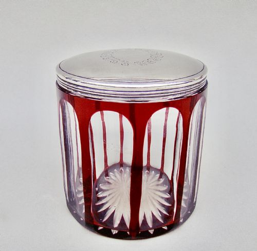 Rare Georgian Silver Mounted Overlay Ruby Glass Dressing Table Jar by John Douglas, London 1811