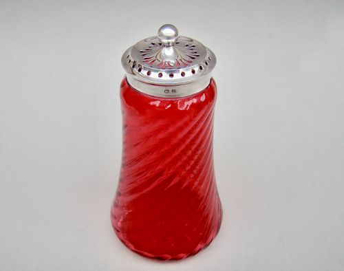 fig 1. GEORGE V SILVER MOUNTED CRANBERRY GLASS SUGAR CASTER BY JOHN SHERWOOD & SON, BIRMINGHAM 1911
