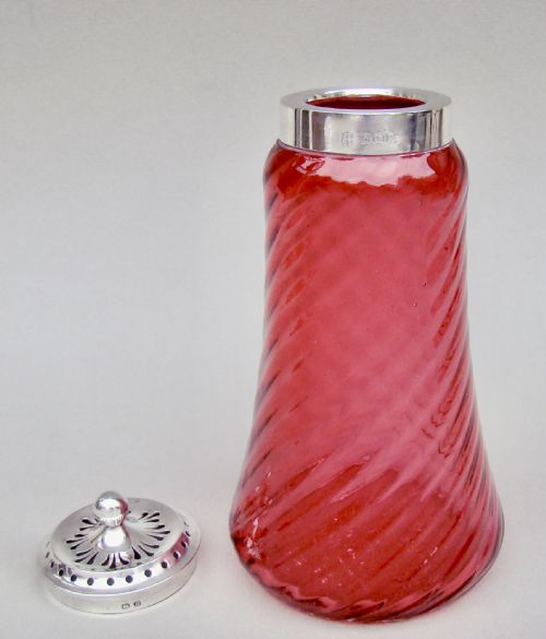 fig 2. GEORGE V SILVER MOUNTED CRANBERRY GLASS SUGAR CASTER BY JOHN SHERWOOD & SON, BIRMINGHAM 1911