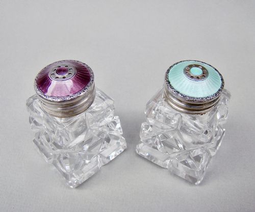 fig 1. PAIR OF NORWEGIAN ART DECO SILVER AND ENAMEL SALTS, CIRCA 1930