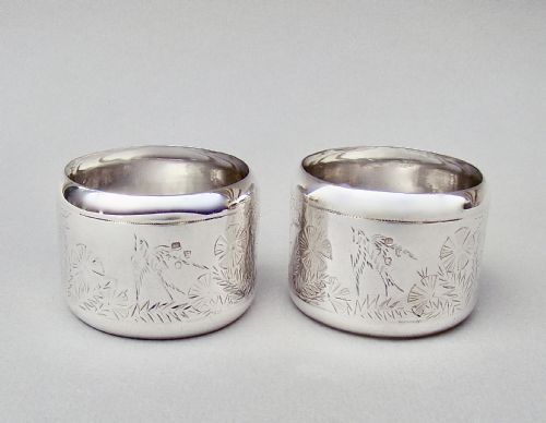 fig 1. EXQUISITE CASED PAIR OF VICTORIAN SILVER AESTHETIC MOVEMENT NAPKIN RINGS, LONDON 1881