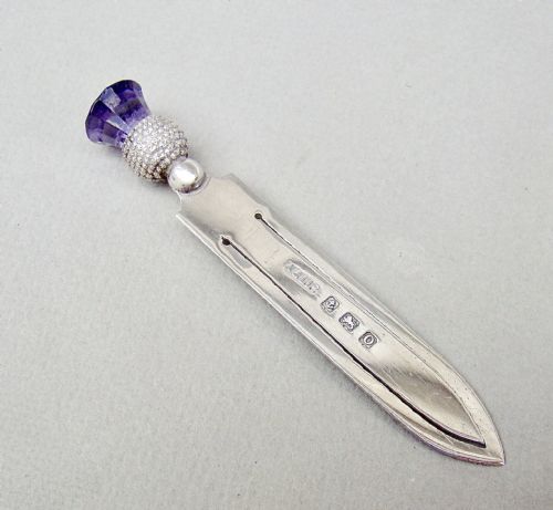 Novelty Silver & Amethyst Glass Thistle Bookmark by Adie & Lovekin, Birmingham 1913