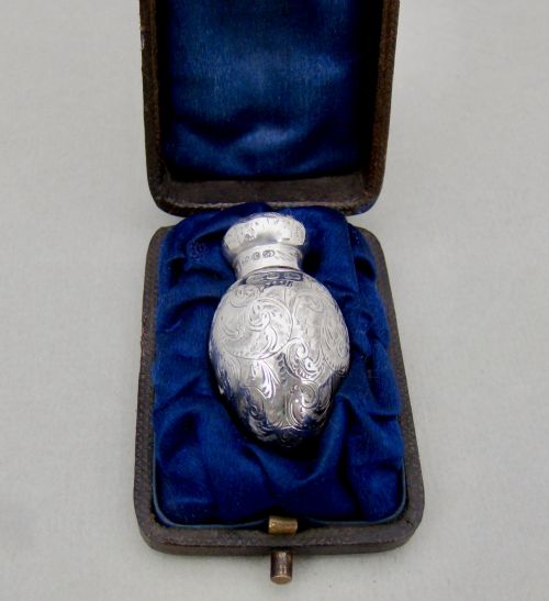 Exquisite Cased Victorian Silver Egg Shaped Scent Bottle by Charles May, Birmingham 1891