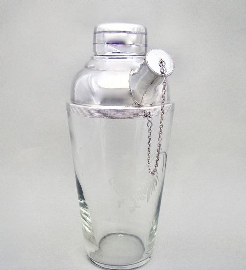 Silver Plated Glass Cocktail Shaker with Cockerel Motif by James Dixon & Sons, Sheffield, Circa 1930
