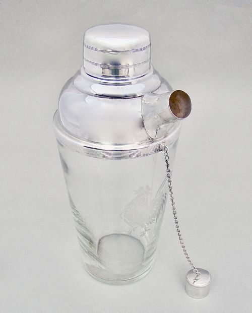 fig 2. SILVER PLATED GLASS COCKTAIL SHAKER WITH COCKEREL MOTIF BY JAMES DIXON & SONS, SHEFFIELD, CIRCA 1930