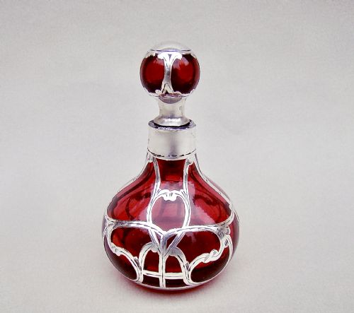 Art Nouveau Overlay Sterling Silver & Cranberry Glass Scent Bottle, Circa 1900