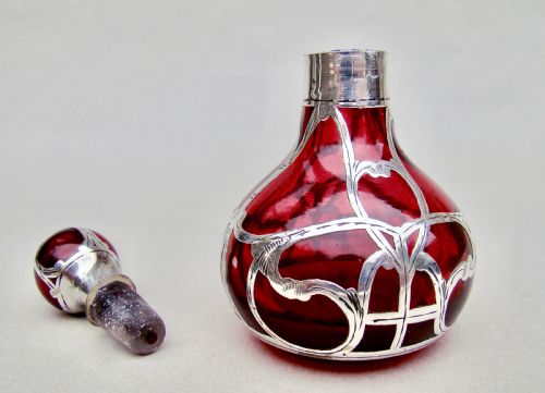 fig 2. ART NOUVEAU OVERLAY STERLING SILVER & CRANBERRY GLASS SCENT BOTTLE, CIRCA 1900
