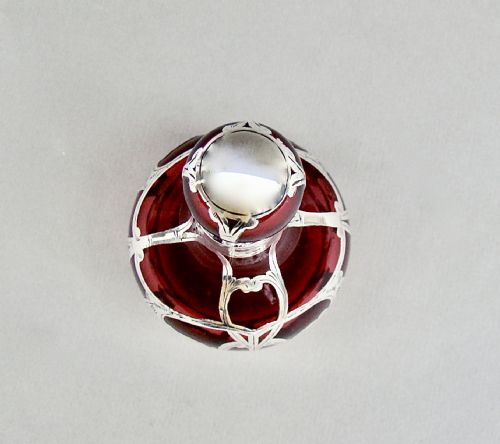 fig 3. ART NOUVEAU OVERLAY STERLING SILVER & CRANBERRY GLASS SCENT BOTTLE, CIRCA 1900