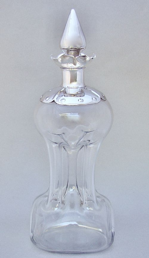 RARE ARTS CRAFT SILVER GLASS GLUG GLUG DECANTER BY HUKIN HEATH LONDON 1902 - ADDITIONAL PHOTO 1