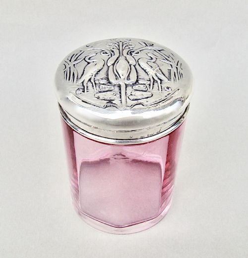 Art Nouveau Silver Lidded Cranberry Glass Dressing Table Jar by William Aitken, Birmingham 1905