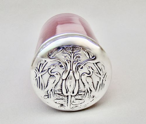 fig 1. ART NOUVEAU SILVER LIDDED CRANBERRY GLASS DRESSING TABLE JAR BY WILLIAM AITKEN, BIRMINGHAM 1905
