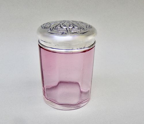 fig 2. ART NOUVEAU SILVER LIDDED CRANBERRY GLASS DRESSING TABLE JAR BY WILLIAM AITKEN, BIRMINGHAM 1905