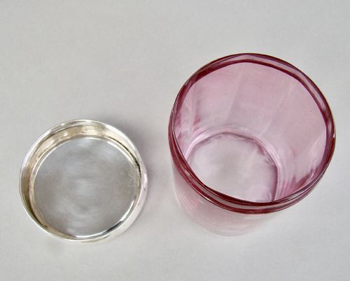 fig 3. ART NOUVEAU SILVER LIDDED CRANBERRY GLASS DRESSING TABLE JAR BY WILLIAM AITKEN, BIRMINGHAM 1905
