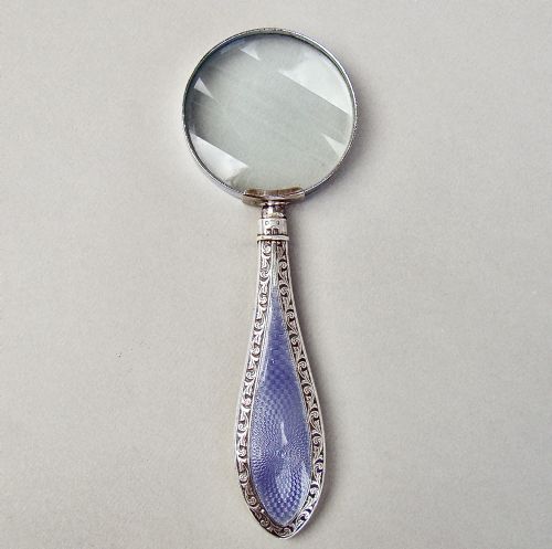 fig 1. ART DECO SILVER & GUILLOCHE ENAMEL MAGNIFYING GLASS BY HENRY MATTHEWS, BIRMINGHAM 1926