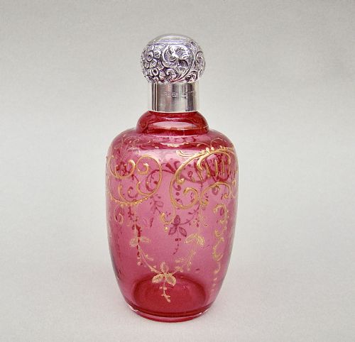 Exquisite Victorian Silver Mounted  Enamelled Cranberry Glass Scent by Sanders & Aguilar , London 1900