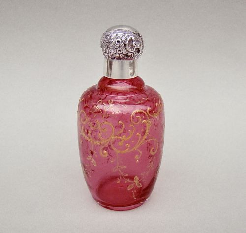 fig 1. EXQUISITE VICTORIAN SILVER MOUNTED ENAMELLED CRANBERRY GLASS SCENT BY SANDERS & AGUILAR , LONDON 1900