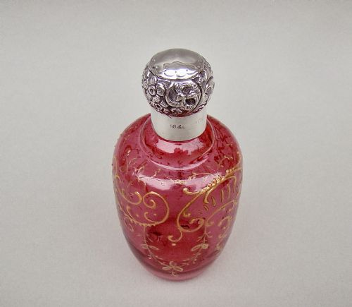 fig 2. EXQUISITE VICTORIAN SILVER MOUNTED ENAMELLED CRANBERRY GLASS SCENT BY SANDERS & AGUILAR , LONDON 1900