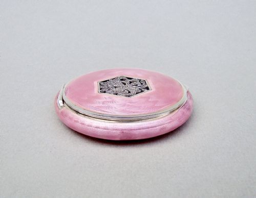 fig 3. FABULOUS ART DECO SILVER AND GUILLOCHE ENAMEL COMPACT WITH MARCASITE DECORATIONS, GLASGOW IMPORT MARKS 1929