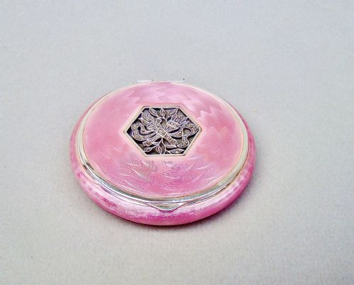 fig 1. FABULOUS ART DECO SILVER AND GUILLOCHE ENAMEL COMPACT WITH MARCASITE DECORATIONS, GLASGOW IMPORT MARKS 1929