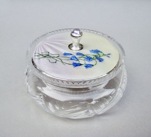 fig 1. FABULOUS ART DECO SILVER & GUILLOCHE ENAMEL TOILETRY JAR BY CHARLES GREEN & CO, BIRMINGHAM 1933
