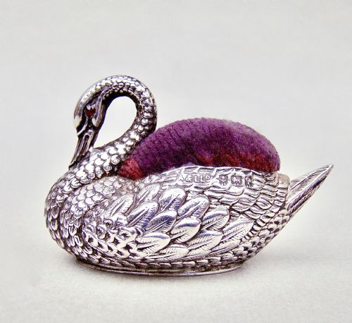 Exquisite Edwardian Silver Swan Pin Cushion by Adie & Lovekin, Birmingham 1908
