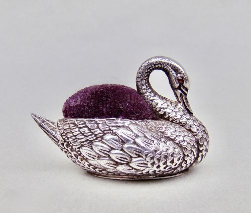 fig 1. EXQUISITE EDWARDIAN SILVER SWAN PIN CUSHION BY ADIE & LOVEKIN, BIRMINGHAM 1908