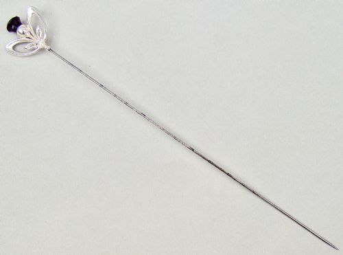 fig 1. DELIGHTFUL SILVER & AMETHYST GLASS HAT PIN BY CHARLES HORNER, CHESTER 1911