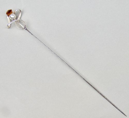 fig 1. SUPER EDWARDIAN SILVER & AMBER GLASS HAT PIN BY CHARLES HORNER, CHESTER 1909