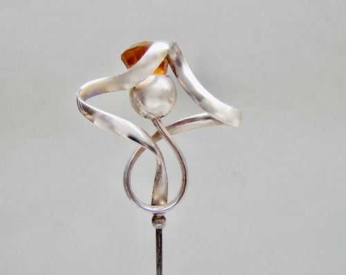 Super Edwardian Silver & Amber Glass Hat Pin by Charles Horner, Chester 1909