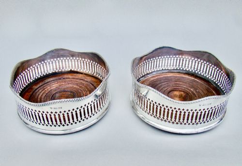 fig 1. SUPERB PAIR OF MID-CENTURY SOLID SILVER WINE COASTERS BY J. B. CHATTERLEY & SONS, BIRMINGHAM 1969.