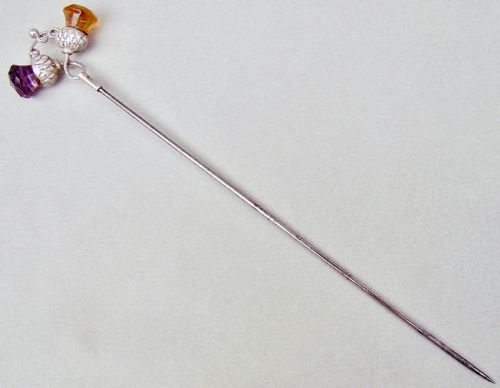 fig 1. RARE SILVER & DUAL AMBER AND AMETHYST GLASS HAT PIN BY PEARCE & THOMPSON, BIRMINGHAM 1934
