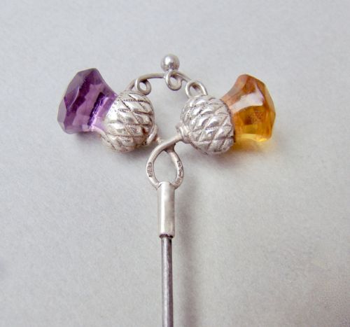 Rare Silver & Dual Amber and Amethyst Glass Hat Pin by Pearce & Thompson, Birmingham 1934
