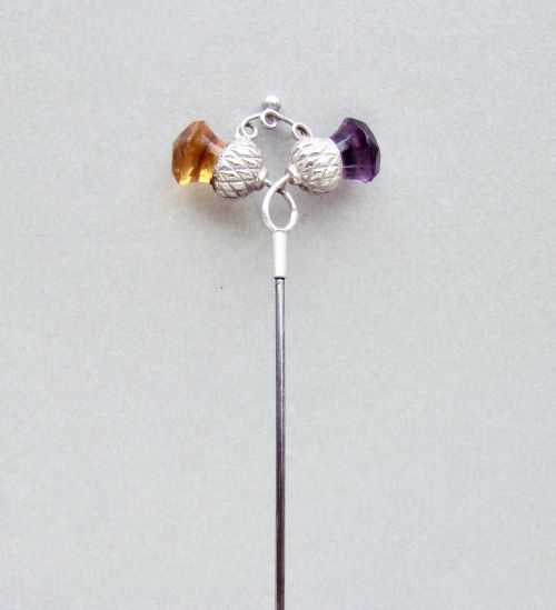 fig 2. RARE SILVER & DUAL AMBER AND AMETHYST GLASS HAT PIN BY PEARCE & THOMPSON, BIRMINGHAM 1934