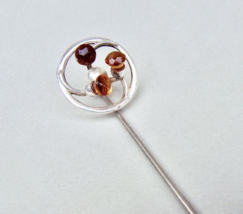 Exquisite Silver & Amber Glass Hat Pin by Charles Horner, Chester 1923