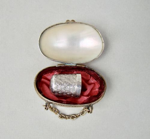 Delightful Sterling Silver Thimble in French Mother of Pearl Chatelaine Thimble Case, Circa 1890
