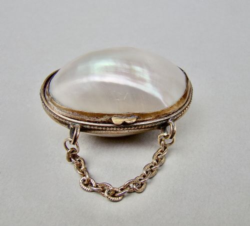 fig 1. DELIGHTFUL STERLING SILVER THIMBLE IN FRENCH MOTHER OF PEARL CHATELAINE THIMBLE CASE, CIRCA 1890