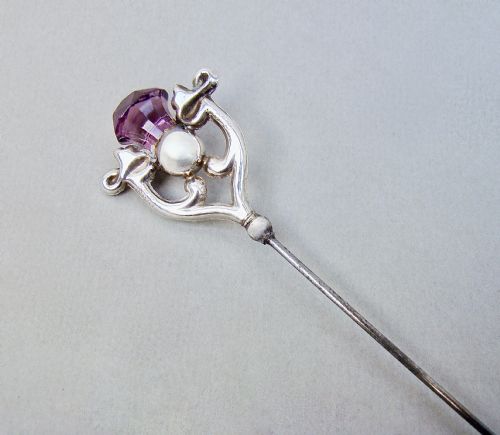Art Nouveau Silver & Amethyst Glass Hat Pin by W. H. Leather, Chester 1910