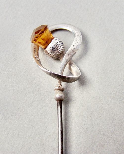 Exquisite Edwardian Silver & Amber Glass Hat Pin by Charles Horner, Chester 1908