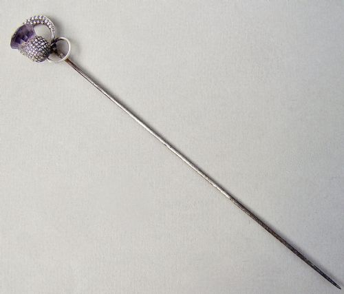 fig 1. UNUSUAL ART DECO SILVER, MARCASITE & AMETHYST GLASS HAT PIN , BIRMINGHAM 1934