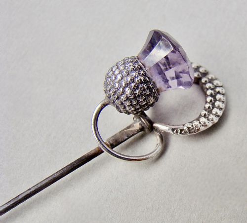 Unusual Art Deco Silver,  Marcasite & Amethyst Glass Hat Pin , Birmingham 1934