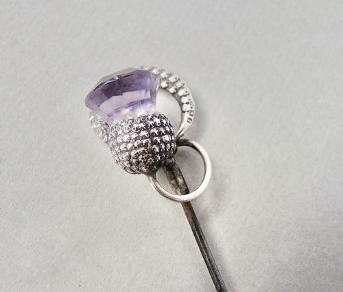 fig 2. UNUSUAL ART DECO SILVER, MARCASITE & AMETHYST GLASS HAT PIN , BIRMINGHAM 1934