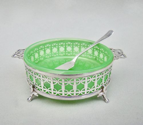 Rare Art Deco Silver & Vaseline Glass Butter Dish by Mappin & Webb, Birmingham 1933
