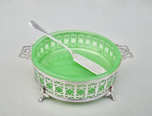 fig 1. RARE ART DECO SILVER & VASELINE GLASS BUTTER DISH BY MAPPIN & WEBB, BIRMINGHAM 1933