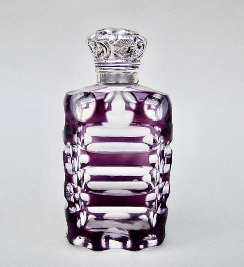 Victorian Silver and Amethyst Overlay Bohemian Glass Scent Bottle, Circa 1890