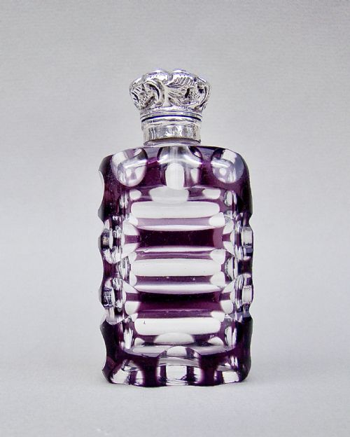 fig 1. VICTORIAN SILVER AND AMETHYST OVERLAY BOHEMIAN GLASS SCENT BOTTLE, CIRCA 1890