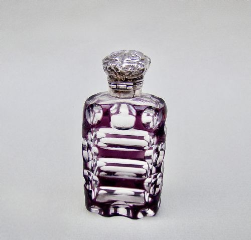 fig 3. VICTORIAN SILVER AND AMETHYST OVERLAY BOHEMIAN GLASS SCENT BOTTLE, CIRCA 1890