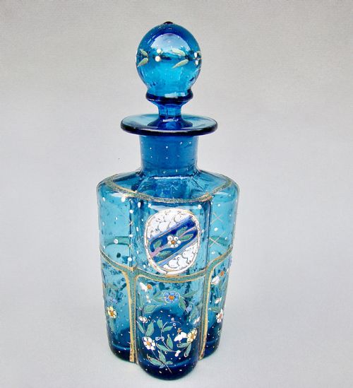 Unusual Victorian Gilt & Enamelled Turquoise Glass Cologne Bottle, Circa 1890