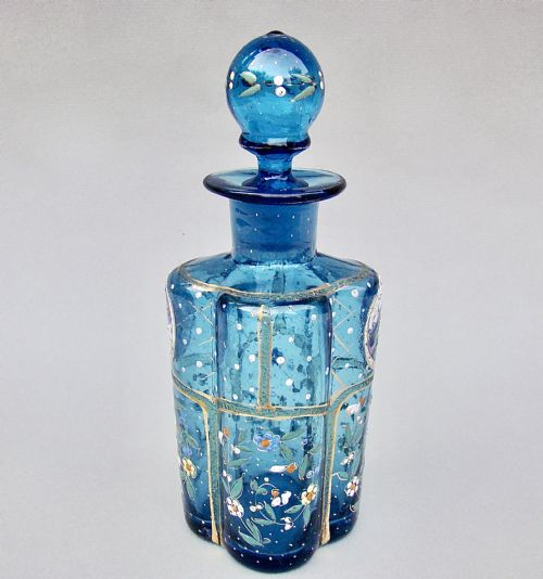 fig 1. UNUSUAL VICTORIAN GILT & ENAMELLED TURQUOISE GLASS COLOGNE BOTTLE, CIRCA 1890