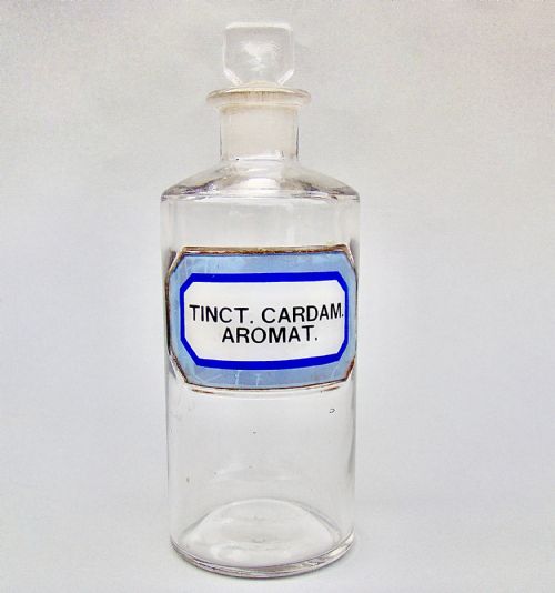 fig 1. RARE BLUE LABEL VICTORIAN SMALL APOTHECARY BOTTLE, CIRCA 1890
