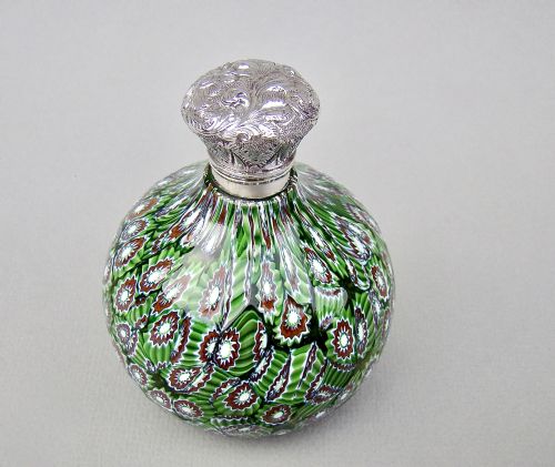Rare Victorian Silver Mounted Millefiori Glass Scent Bottle, Circa 1890